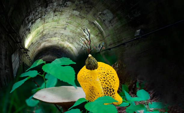Yellow mangoes blooming on the leaves of the lung tunnel stock photo