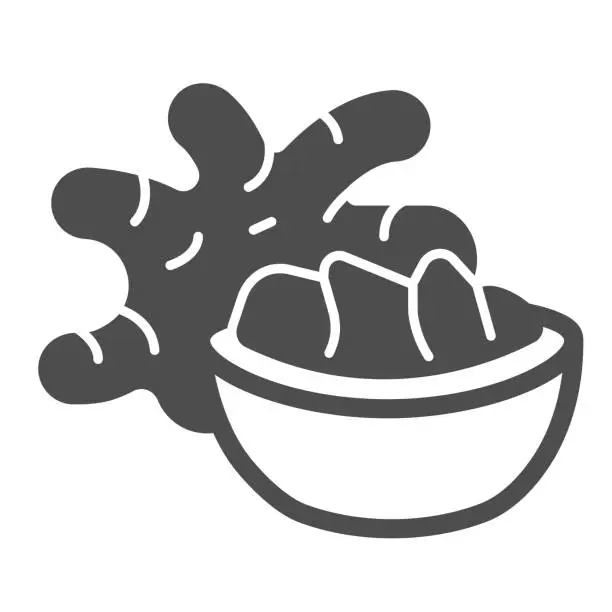 Vector illustration of Jerusalem artichoke tuber and ginger bowl solid icon, asian food concept, girasol vector sign on white background, glyph style icon for mobile concept and web design. Vector graphics.