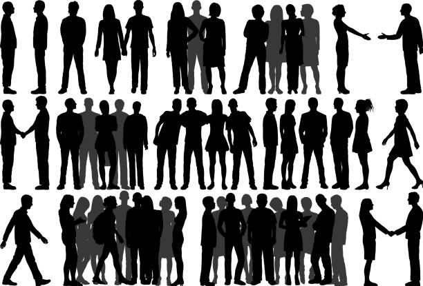 illustrations, cliparts, dessins animés et icônes de silhouettes de groupes (toutes les personnes sont complètes et déplaçables) - group of people people silhouette couple