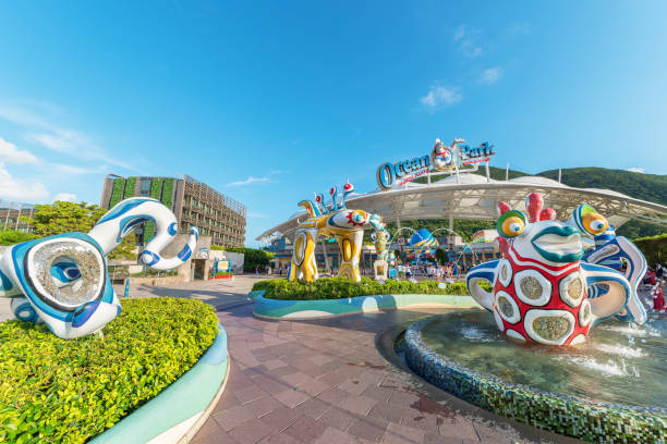 Hong Kong, China - July 24, 2019 : Colorful sculpture at the main entrance of Ocean Park Hong Kong. Ocean Park is an animal theme park and is one of the famous theme parks in Hong Kong.