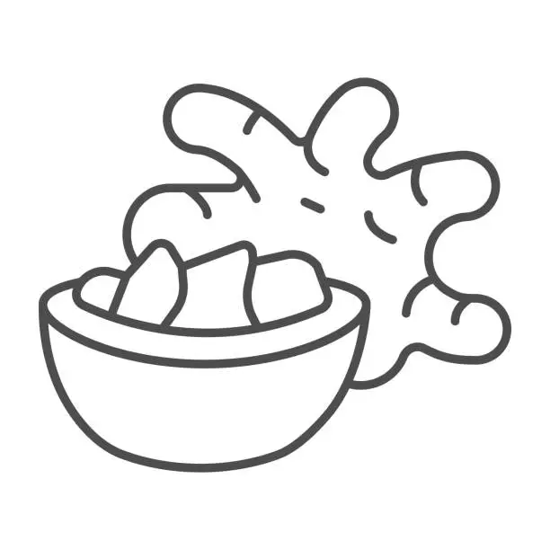 Vector illustration of Jerusalem artichoke tuber and ginger bowl thin line icon, asian food concept, girasol vector sign on white background, outline style icon for mobile concept and web design. Vector graphics.