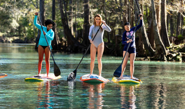 istock Three multi-ethnic women paddle boarding on scenic river 1336011454