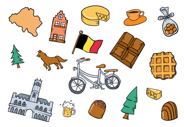 ilustraciones, imágenes clip art, dibujos animados e iconos de stock de bélgica o belgia país nación garabatos colecciones de conjuntos dibujados a mano con estilo de contorno plano - waffle belgian waffle belgian culture isolated