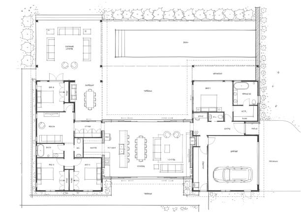 illustrazioni stock, clip art, cartoni animati e icone di tendenza di schizzo della pianta moderna della casa agricola - architecture