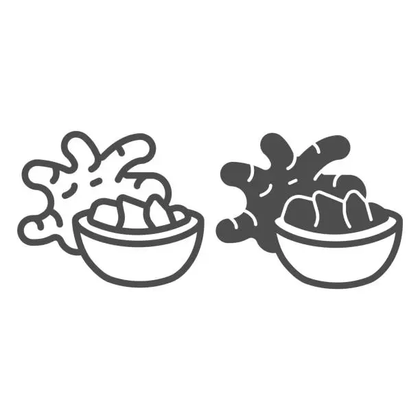 Vector illustration of Jerusalem artichoke tuber and ginger bowl line and solid icon, asian food concept, girasol vector sign on white background, outline style icon for mobile concept and web design. Vector graphics.
