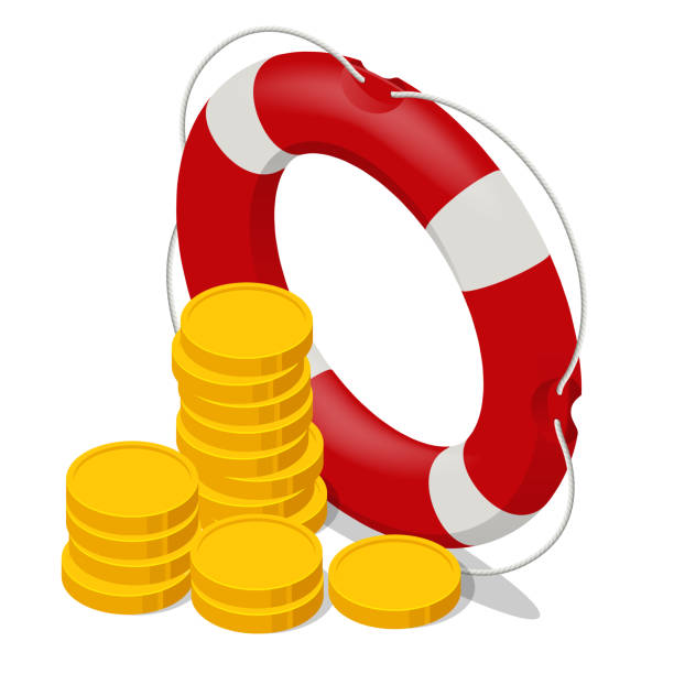 istock Isometric stacked coins in red lifebuoy or lifebelt. Risk management analysis. Insurance policy concept. Rescue of the money. 1336017387