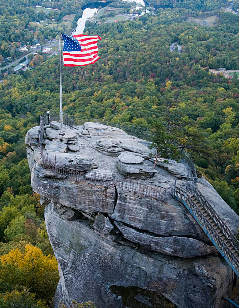 Chimney Rock in North Carolina with American Flag Flying.