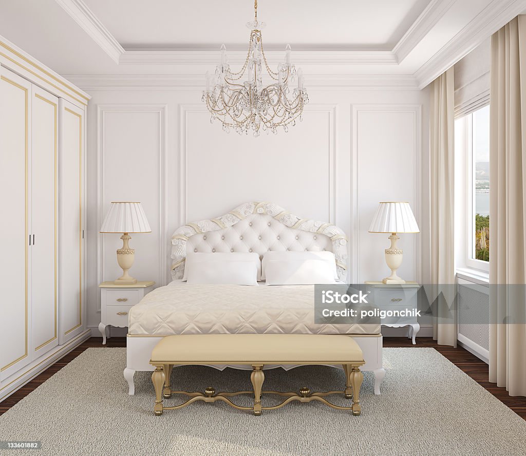 Classic bedroom interior. Classical white bedroom interior. 3d render. Photo behind the window was made by me. Bedroom Stock Photo