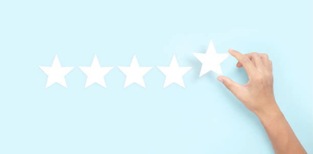 istock Hand of touching rise on increasing five stars. Increase rating evaluation 1336019704