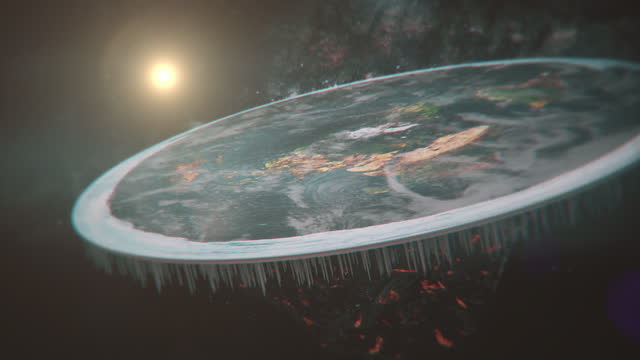Flat Earth in cosmos. Close-up of flat Earth slowly spins in space. A Flat Earth model with Antarctica as an ice wall surrounding a disc-shaped planet. Modern flat Earth animation in universe. 3D