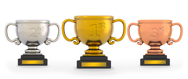 3D illustration of gold trophy for first place, silver trophy for second place, bronze trophy for third place