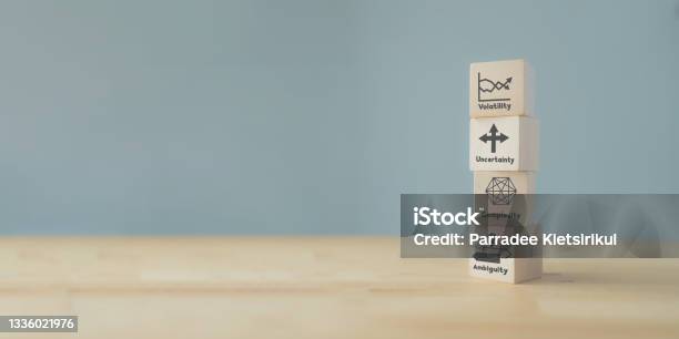 Strategic Management And Vuca Concept Wood Cube Vuca Icon And Text Volatility Uncertainty Complexity Ambiguity With Grey Background The Modern Management For New Trend And Rapid Transition Stock Photo - Download Image Now