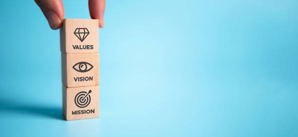 istock Mission vision values concept icon on wooden cubes stacked vertically on beautiful blue background. Copy space. Used for banner to communicate organization to identify business policy and direction. 1336021990