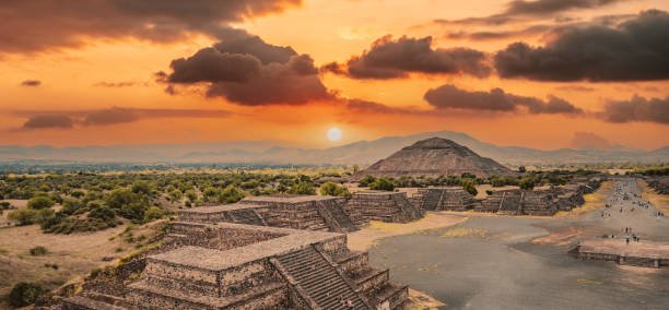 Aerial view showing of the Avenue of the Dead and the Pyramid of the Sun. The Maya and Aztec city of Teotihuacan archaeological site is located northeast of Mexico City.
