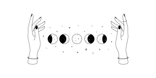 Alchemy esoteric mystical magic celestial symbol of woman hands and Moon phases outline. Spiritual occultism object in simple linear style. Vector illustration Alchemy esoteric mystical magic celestial symbol of woman hands and Moon phases outline. Spiritual occultism object in simple linear style. Vector illustration. moon surface illustrations stock illustrations