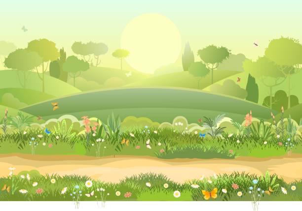 istock Road. Amusing beautiful forest landscape. Trail. Cartoon style. Leaves. The path through the hills with grass. Cool romantic beauty. Flat design illustration. Vector art 1336031331
