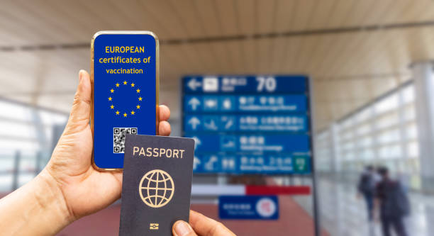 EU Digital Covid vaccination certificate or vaccine passports  on mobile phone. EU Digital Covid vaccination certificate or vaccine passports  on mobile phone. law european community european union flag global communications stock pictures, royalty-free photos & images