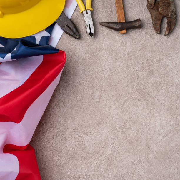 istock Top view design concept of American Labor Day with working tools. 1336034808