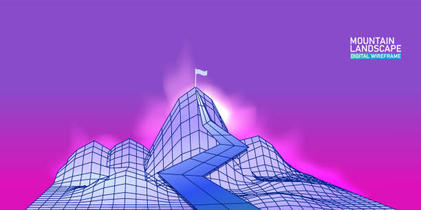 istock Digital landscape mountaine with path on the top. Success, business goals, achievement. Abstract wireframe. 3D wireframe grid mesh illustration concept. Vector background 1336037366