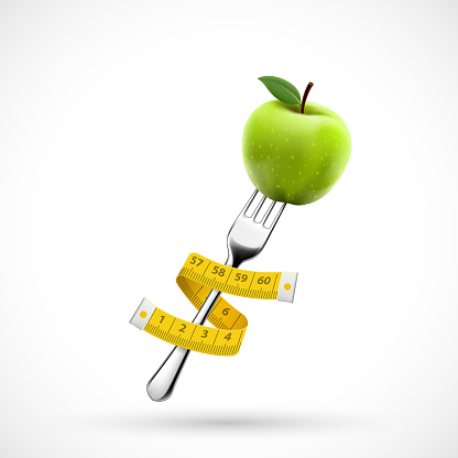 Fork with green apple fruit and a measuring tape around. Healthy eating and diet. Icon isolated on a white background. Vector illustration