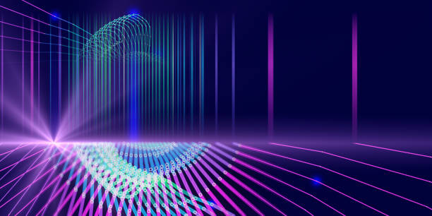 istock Abstract futuristic background with radial grid color and blurred lines on dark blue. Banner for business, science and technology. 1336043124