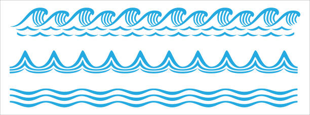 zestaw wektorów bezszwowych wzorów fal morskich. falowa pozioma bezszwowa ilustracja wektorowa wzoru. - wavelet stock illustrations