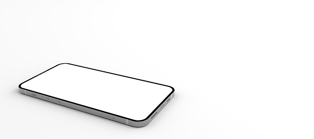 3D rendering of mockups Smartphone white screen on white floor, Mobile phone mockup tilted to the ground. Smartphone white screen can be used for commercial advertising, Isolated on white background.