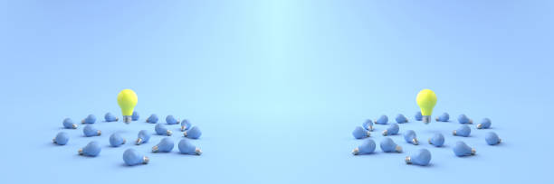 istock 3D rendering of The yellow energy-saving light bulb is floating on a blue light bulb placed on a pastel blue floor. and the blue background. concept for new ideas and Outstanding idea, illustration. 1336046308