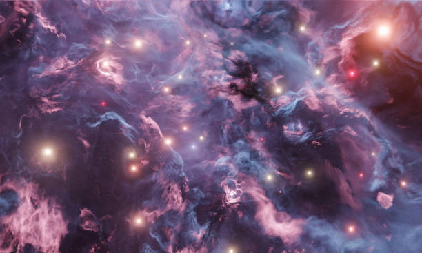 nebulosa abstracta azul y roja con estrellas brillantes - partícula elemental fotografías e imágenes de stock