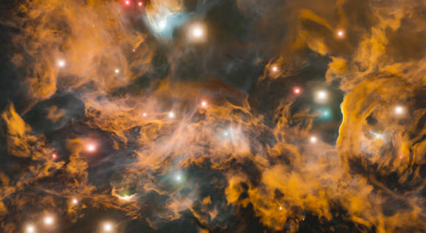 fondo de nebulosa dorada con estrellas brillantes - partícula elemental fotografías e imágenes de stock