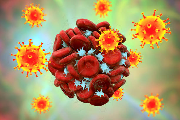 Blood clotting and COVID-19 virus particles, conceptual illustration stock photo
