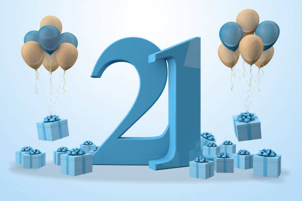 istock Number 21 birthday celebration blue gift box, yellow and blue balloons, 3D render 1336050090
