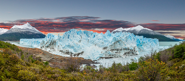 Panoramic image of Perito moreno glacier in argentine part of patagonia in summer