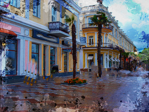 An empty street in a Mediterranean town. Beautiful building facades with stores and storefronts. Tall palm trees. A rainy summer day. Travel, tourism. Digital watercolor painting.