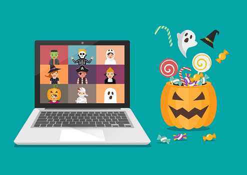 Online Halloween Party Concept. Kids in horror costumes on laptop screen. Vector illustration