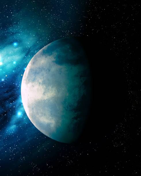 Planet in space near interstellar nebula in blue tones. stock photo
