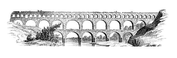 ilustraciones, imágenes clip art, dibujos animados e iconos de stock de 19 th century grabado del pont du gard, francia - roman aqueduct