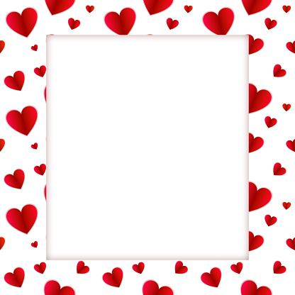 Vector Valentines Frame, Paper Hearts Pattern and White Space for Photo or Text, Blank Square Border, Wedding Card, Invitation, Blank Template.