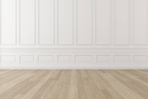 istock 3d rendering of white empty classic room with wood laminate floor. 1336059570