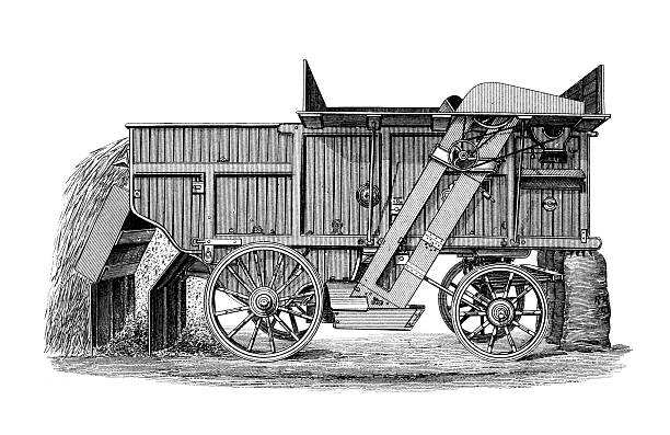 19th century engraving of a Finishing Steam Thrashing machine photographed from a book titled the 'National Encyclopedia', published in London in 1881.  Copyright has expired on this artwork.  Digitally restored. threshing stock illustrations