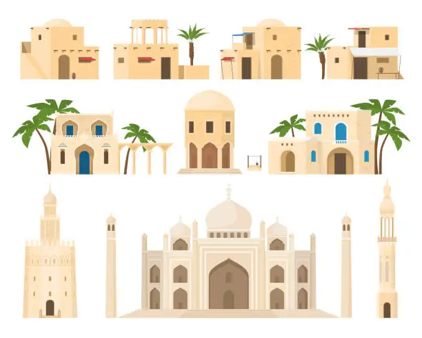 Vector illustration of Traditional Arabic houses set vector flat illustration ethnic Islamic architecture facades