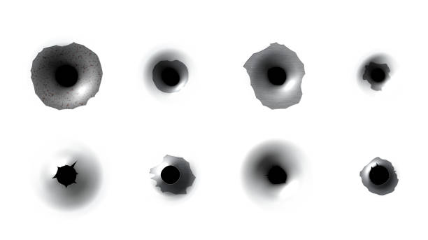 Realistic bullet holes set vector illustration. Collection of damaged element from shooting weapon Realistic bullet holes set vector illustration. Collection of damaged element from shooting weapon on metallic surface isolated. Explosion hit destruction circular crack gunshot trace Bullet stock illustrations