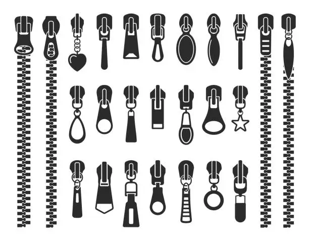 Vector illustration of Set of black zipper silhouettes vector flat illustration close and open zip with fastener