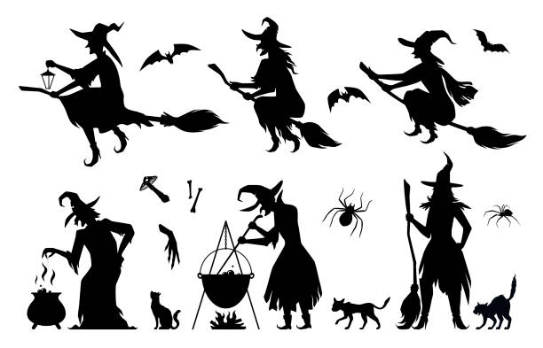 ilustraciones, imágenes clip art, dibujos animados e iconos de stock de establecer siluetas de brujas en negro desigual vestido vector ilustración plana. murciélago de halloween aterrador, gato - wizard magic broom stick