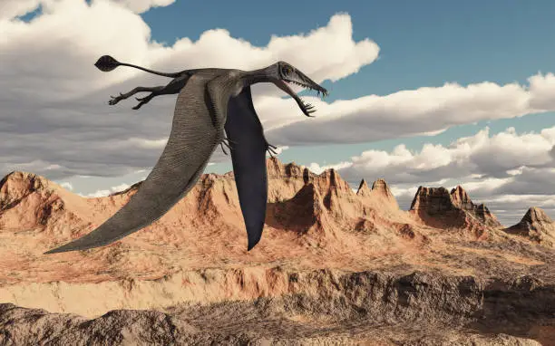 Computer generated 3D illustration with the pterosaur Dorygnathus over a landscape