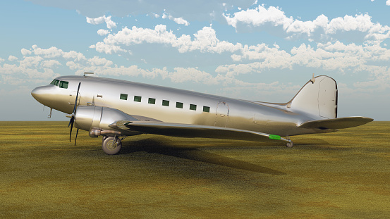 Computer generated 3D illustration with an American passenger and transport aircraft from the 1930s