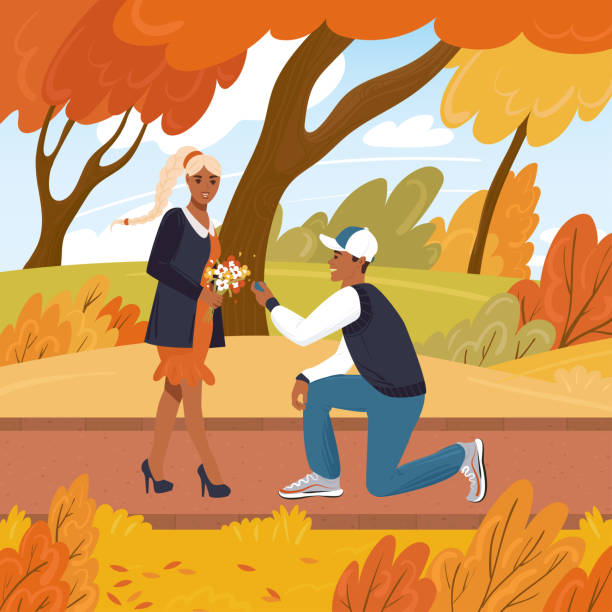 Latino boyfriend proposes to his girlfriend Latino boyfriend proposes to his girlfriend on one knee in an autumn park. Cartoon vector illustration african bride and groom stock illustrations