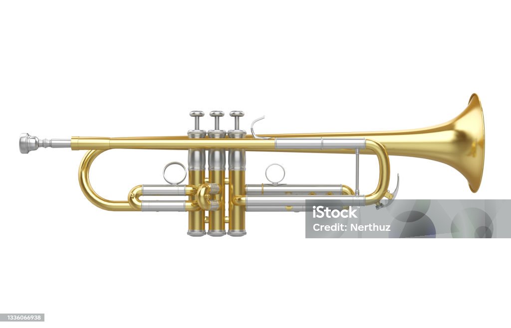 Golden Trumpet Isolated Golden Trumpet isolated on background. 3D render Illustration Stock Photo