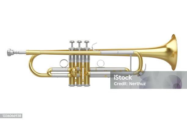 Golden Trumpet Isolated Stock Photo - Download Image Now - Illustration, Trumpet, Arts Culture and Entertainment