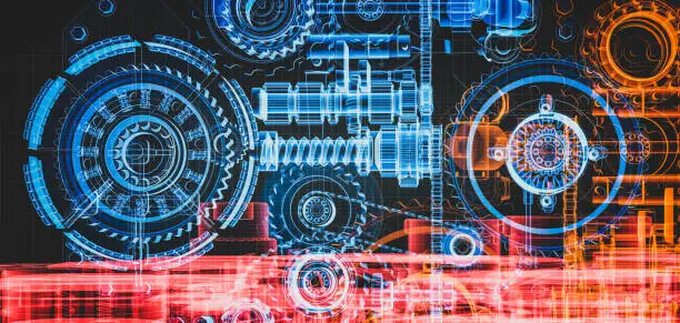 Blueprint project of engine design with gears and cogs mechanism